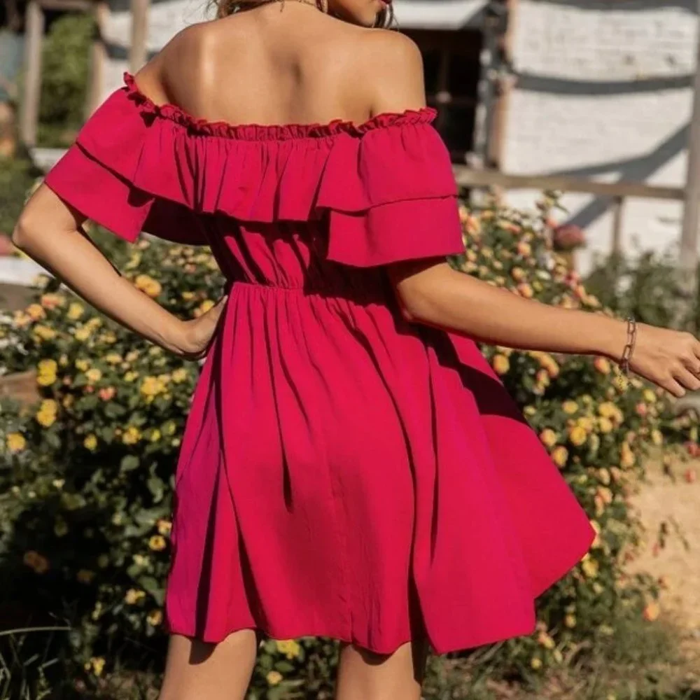 Red Frill Knot Front Ruffle Hem Off Shoulder Dress - Picture 2 of 6
